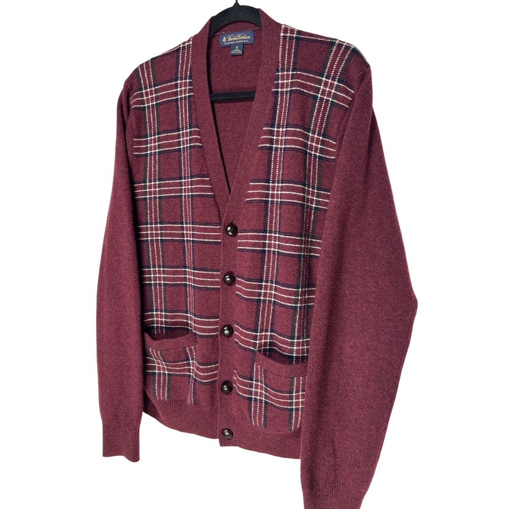 Brooks Brothers Scottish Lambswool Cardigan Burgundy Plaid Sz M‎ Retail $248 EUC